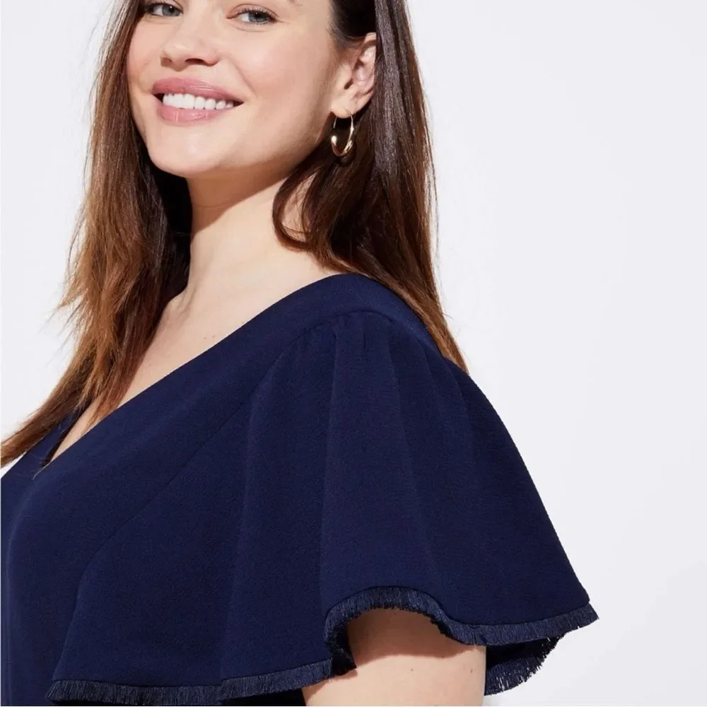 LOFT Fringe Trimmed Flutter Sleeve Dress in Navy - Picture 4 of 11
